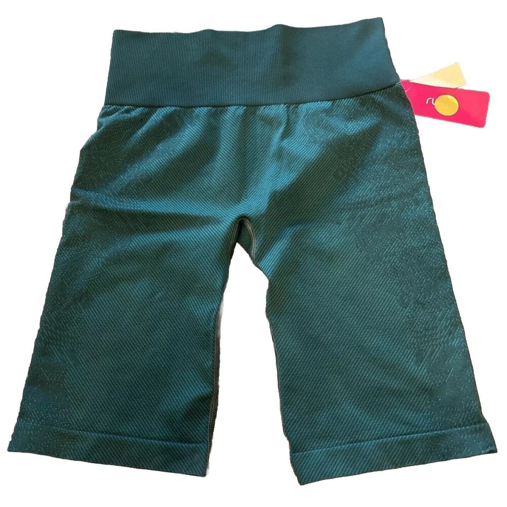 Ryka Women High Waist Ribbed Stretch Workout Seamless Bike Shorts Green New S